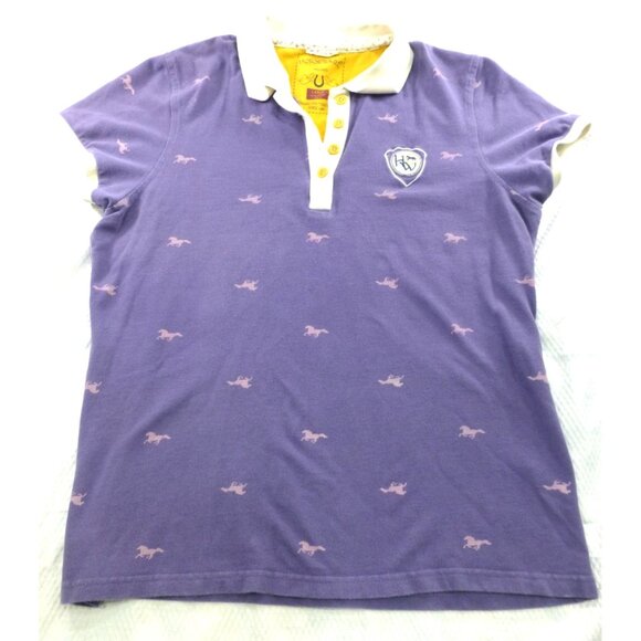 Horseware Ireland Equestrian Womens Polo Shirt L Purple Pony Print - Picture 1 of 9